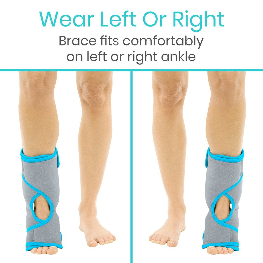 Gray ankle brace with blue accents worn on left and right ankles against a white background.