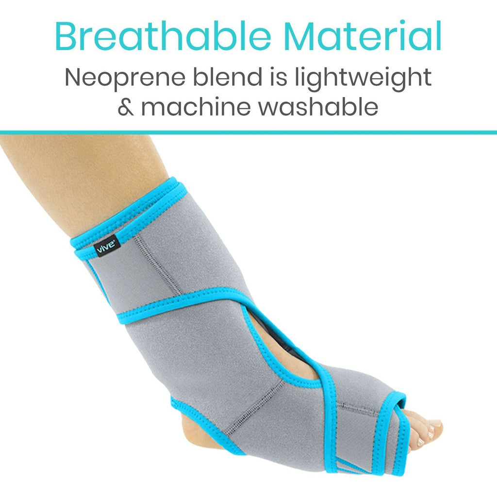 Gray ankle support brace with blue accents on a white background, featuring text about breathable material.