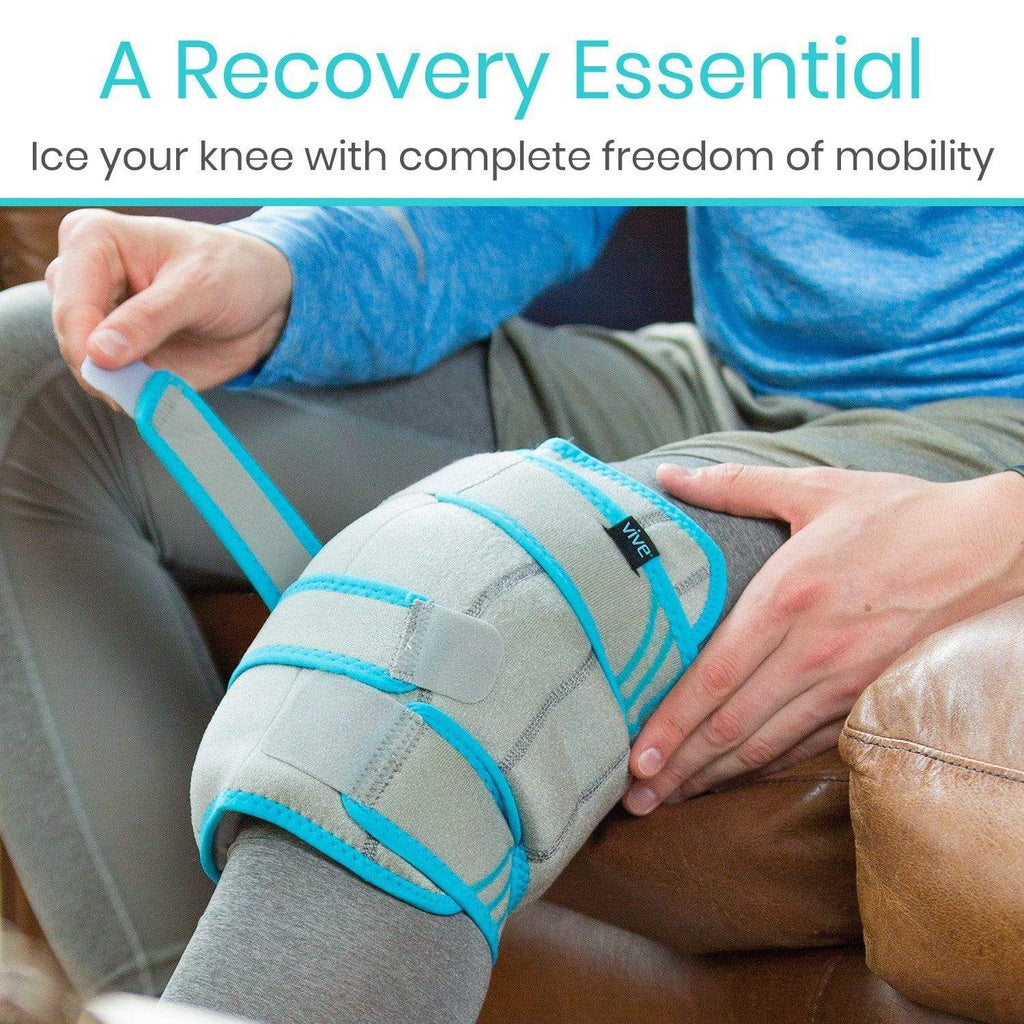 Person using a knee ice pack with text about knee recovery and mobility.