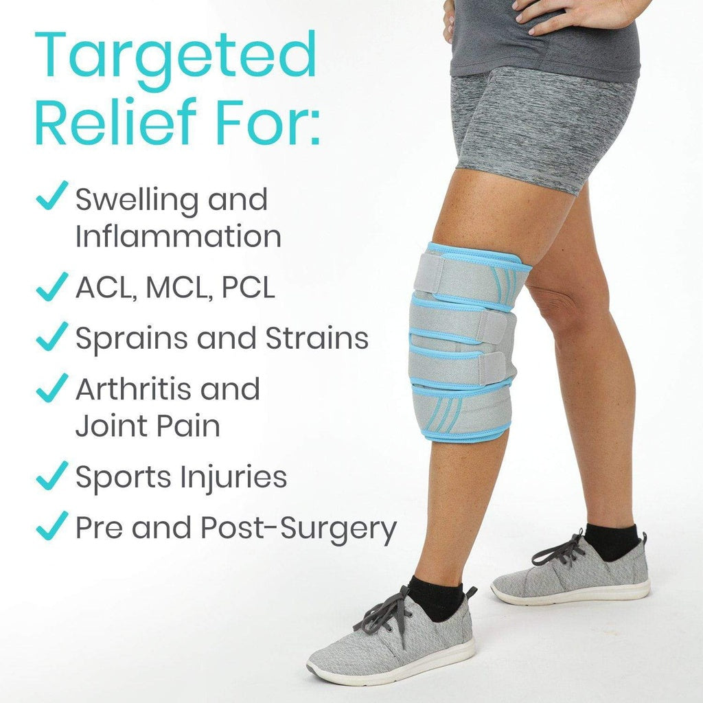 Person wearing a knee brace with text highlighting its uses on a white background