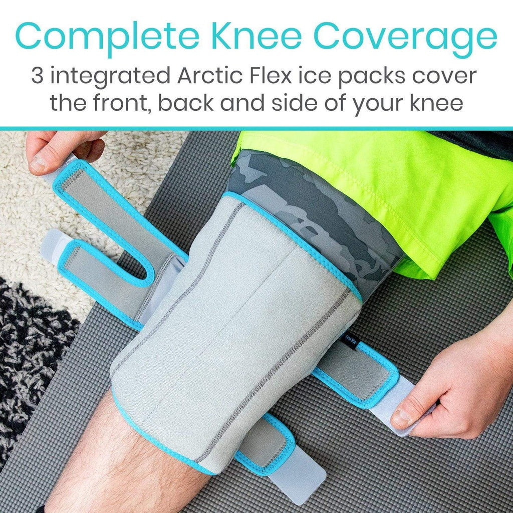 Knee brace with integrated Arctic Flex ice packs being applied to a person's knee.