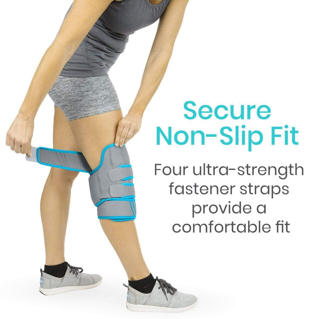 Person wearing a gray knee brace with text highlighting secure non-slip fit and ultra-strength fasteners.