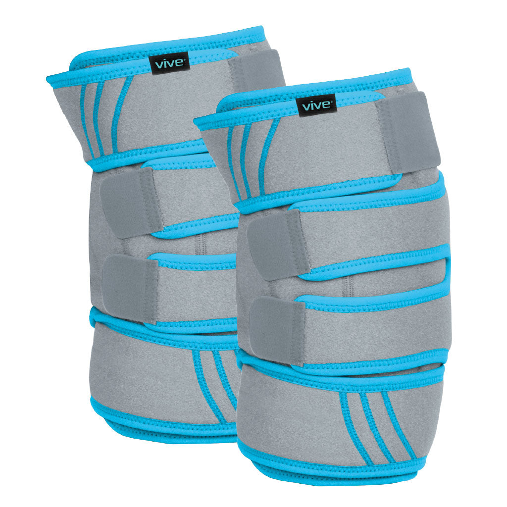 Gray knee pads with blue straps on a white background