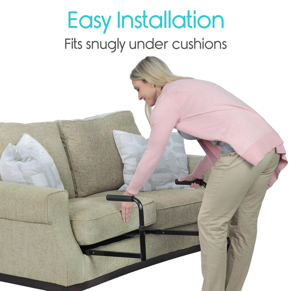 Woman installing a sofa protector on a beige couch with text 'Easy Installation Fits snugly under cushions'.