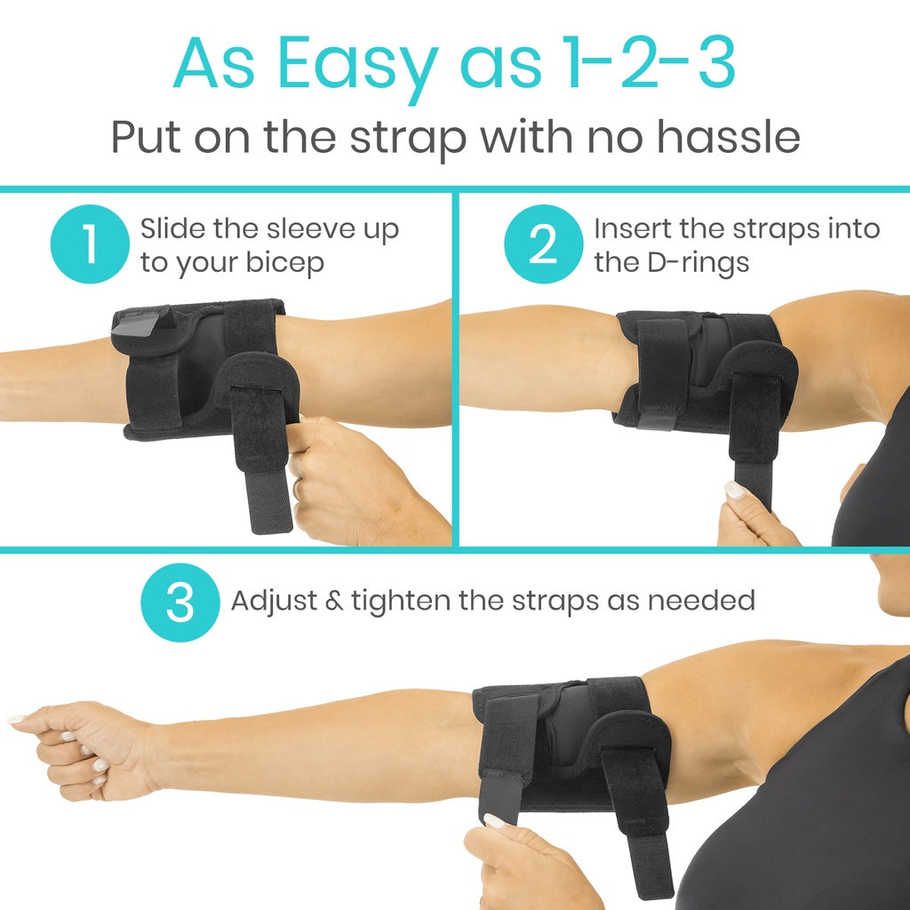 Step-by-step guide on how to put on a black arm sleeve with straps.