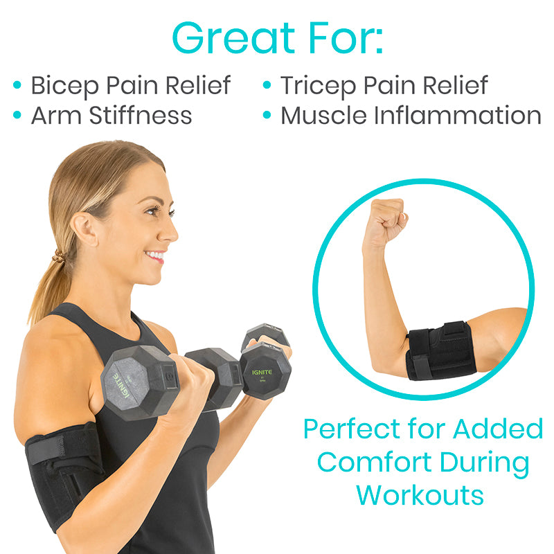 Woman exercising with arm supports, highlighting benefits for pain relief and muscle inflammation.