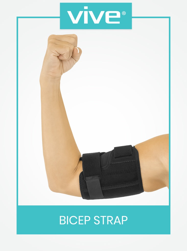 Bicep strap worn by a person with 'Vive' branding on a white background