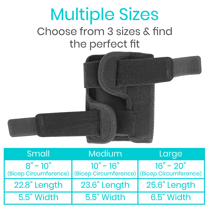 Black arm support brace with size chart on a white background