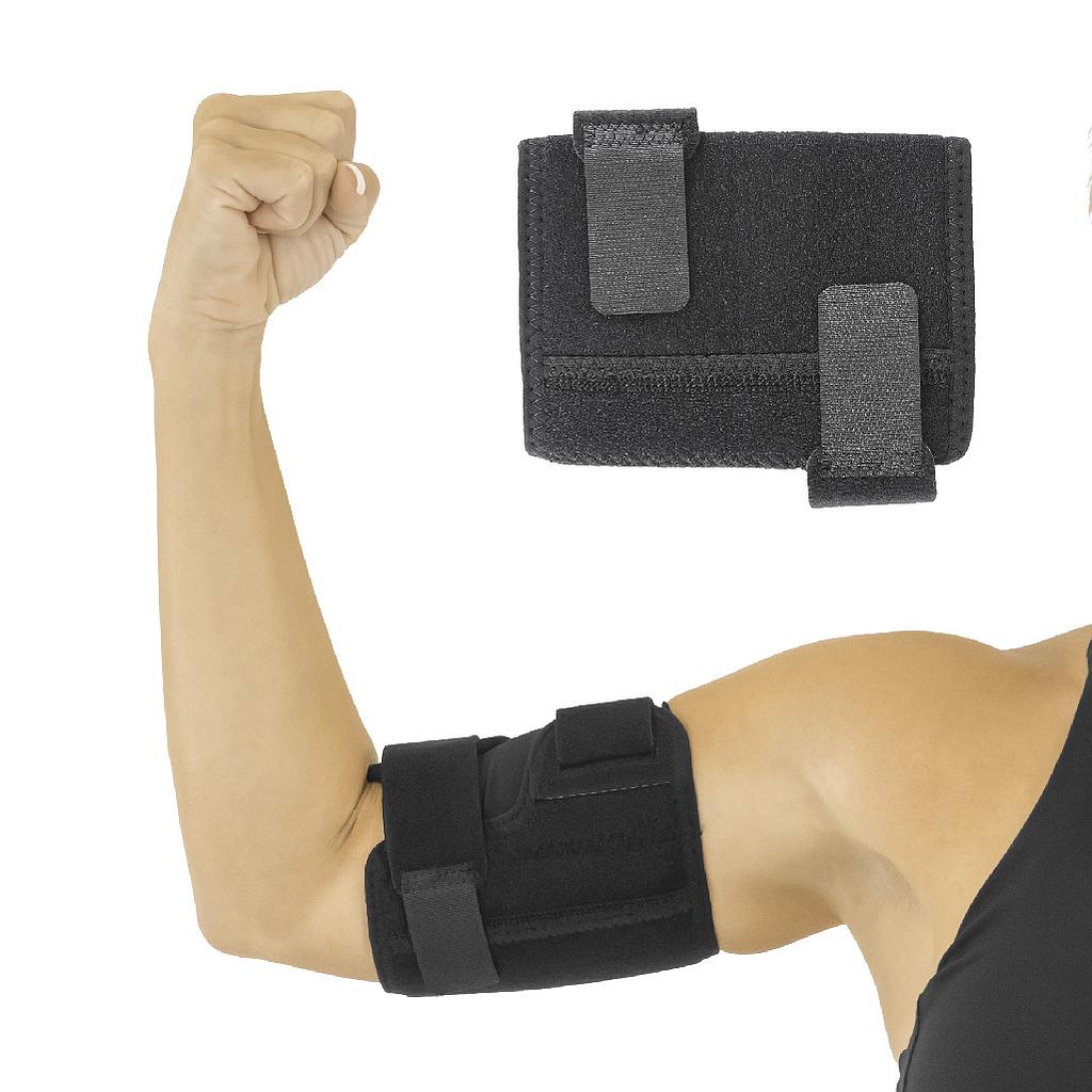 Black elbow brace on a person's arm with a white background