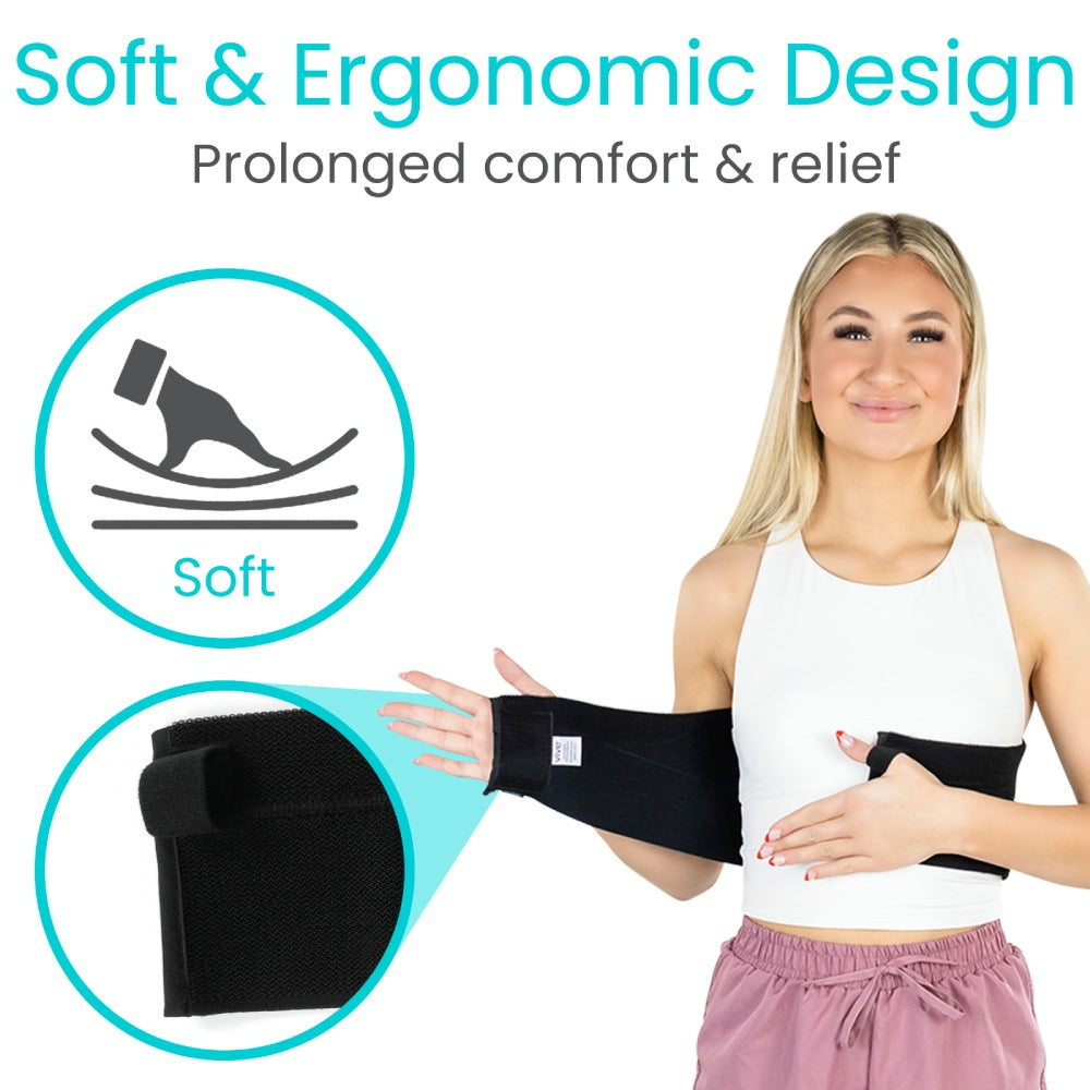 Woman wearing a black arm brace with text about soft and ergonomic design on a white background