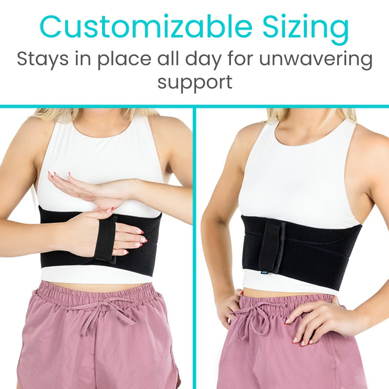 Black waist support belt worn by a person with text highlighting customizable sizing and unwavering support.