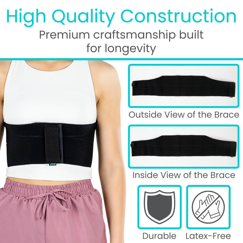 Person wearing a black brace with text highlighting high-quality construction and durability.