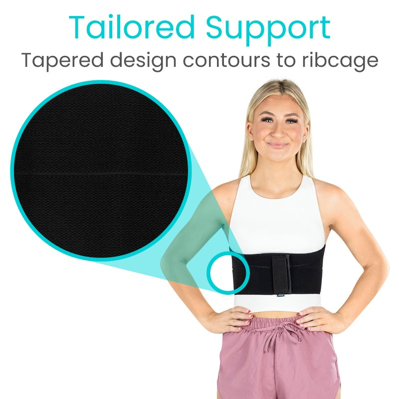 Woman wearing a black waist support belt with text 'Tailored Support' and close-up of the belt's design.