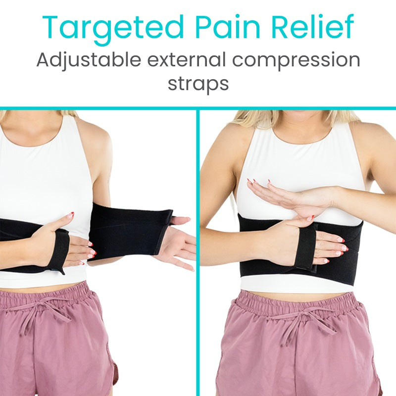 Adjustable external compression straps for targeted pain relief on a person wearing a white tank top and pink pants.