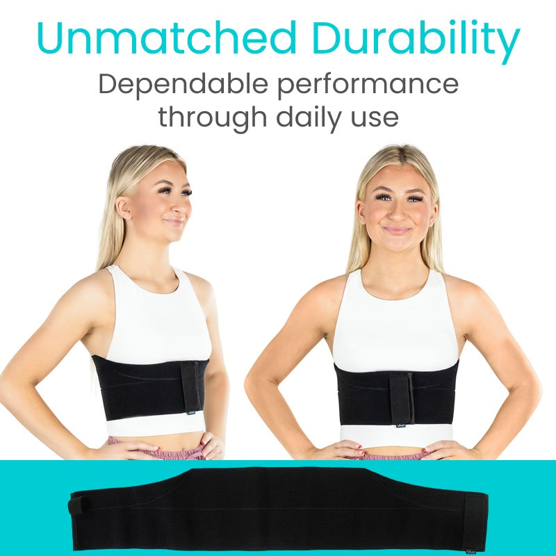 Woman wearing a black waist trainer with text about durability and performance.