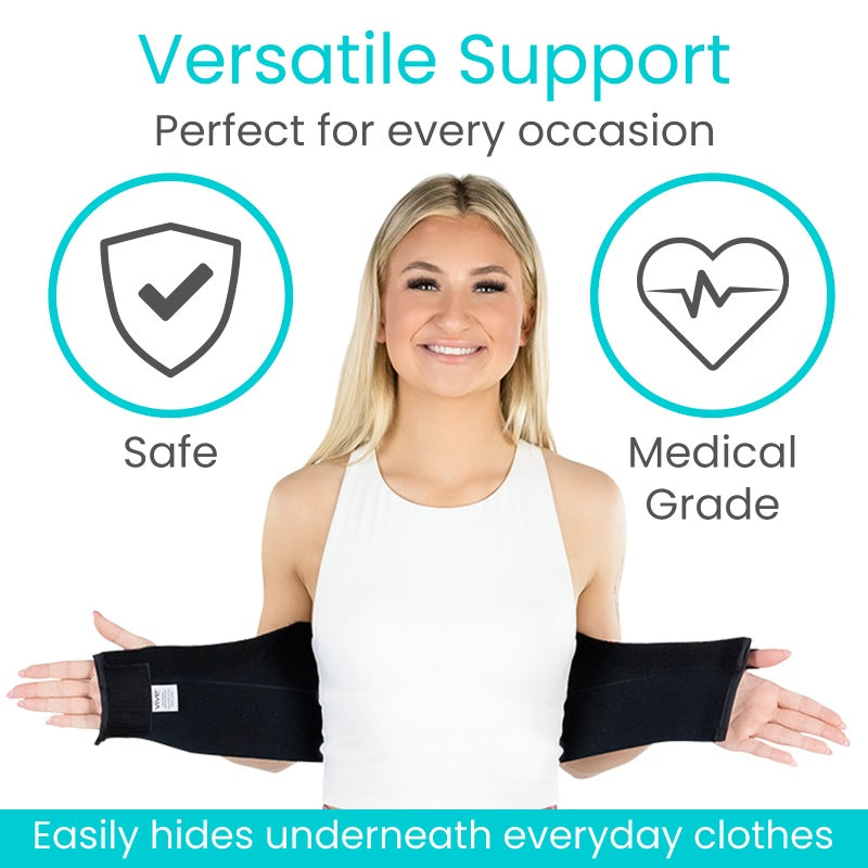 Woman wearing a black arm support brace with safety and medical grade icons and text on a white background.