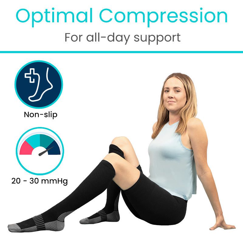 Woman wearing compression socks with text about optimal compression for all-day support.