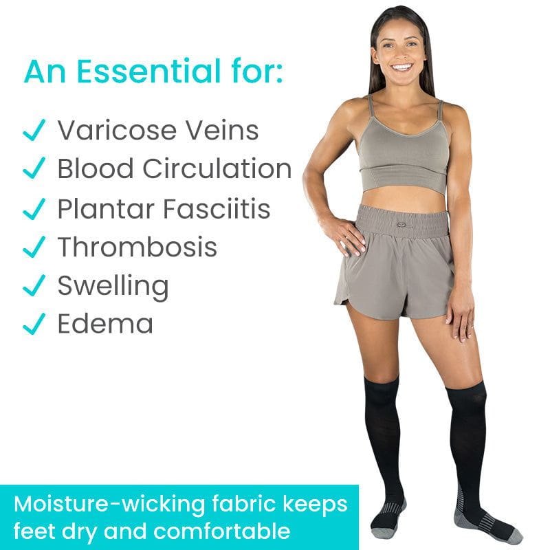 Woman wearing compression socks with text highlighting health benefits on a white background