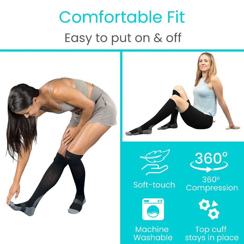 Compression socks with text highlighting features like comfort, ease of use, and benefits on a white background.