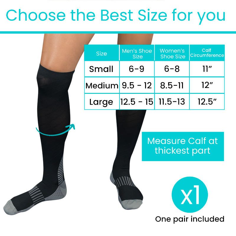 Black knee-high socks with size chart for men's and women's shoe sizes on a white background
