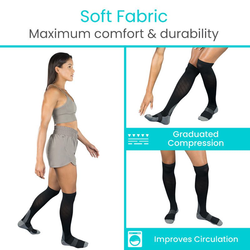 Compression socks with text highlighting soft fabric, comfort, durability, and circulation benefits.