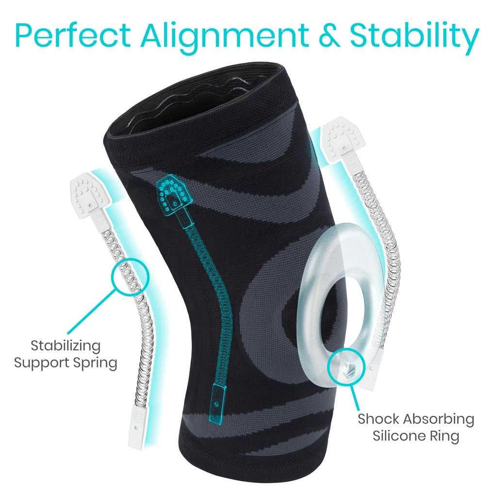 Knee brace with stabilizing support spring and shock absorbing silicone ring on a white background