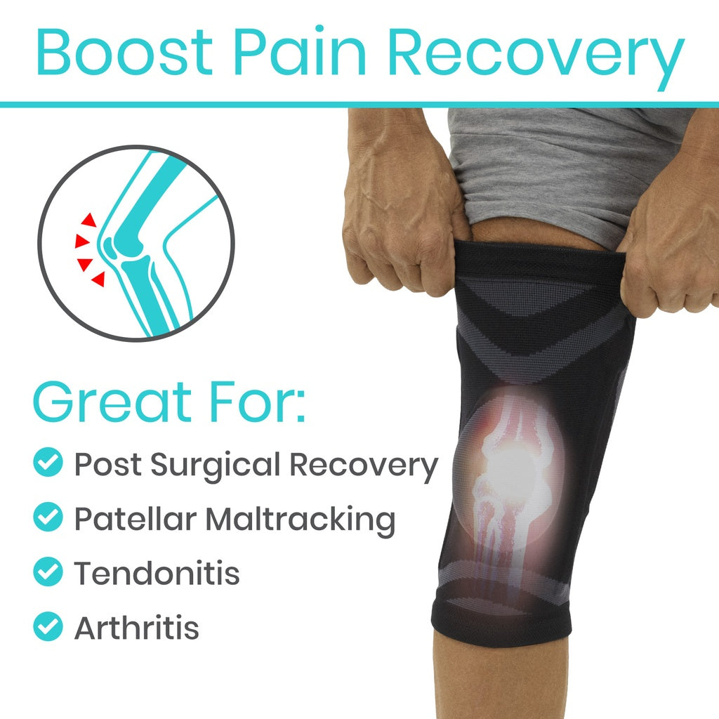 Knee brace with text highlighting its benefits for pain recovery, including post-surgical recovery, patellar maltracking, tendonitis, and arthritis.