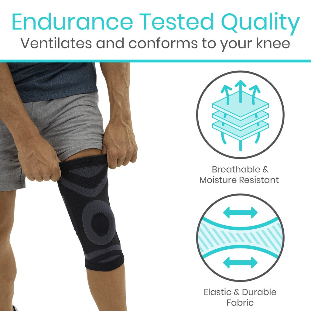 Knee brace with text 'Endurance Tested Quality' and features of breathable and moisture-resistant material.