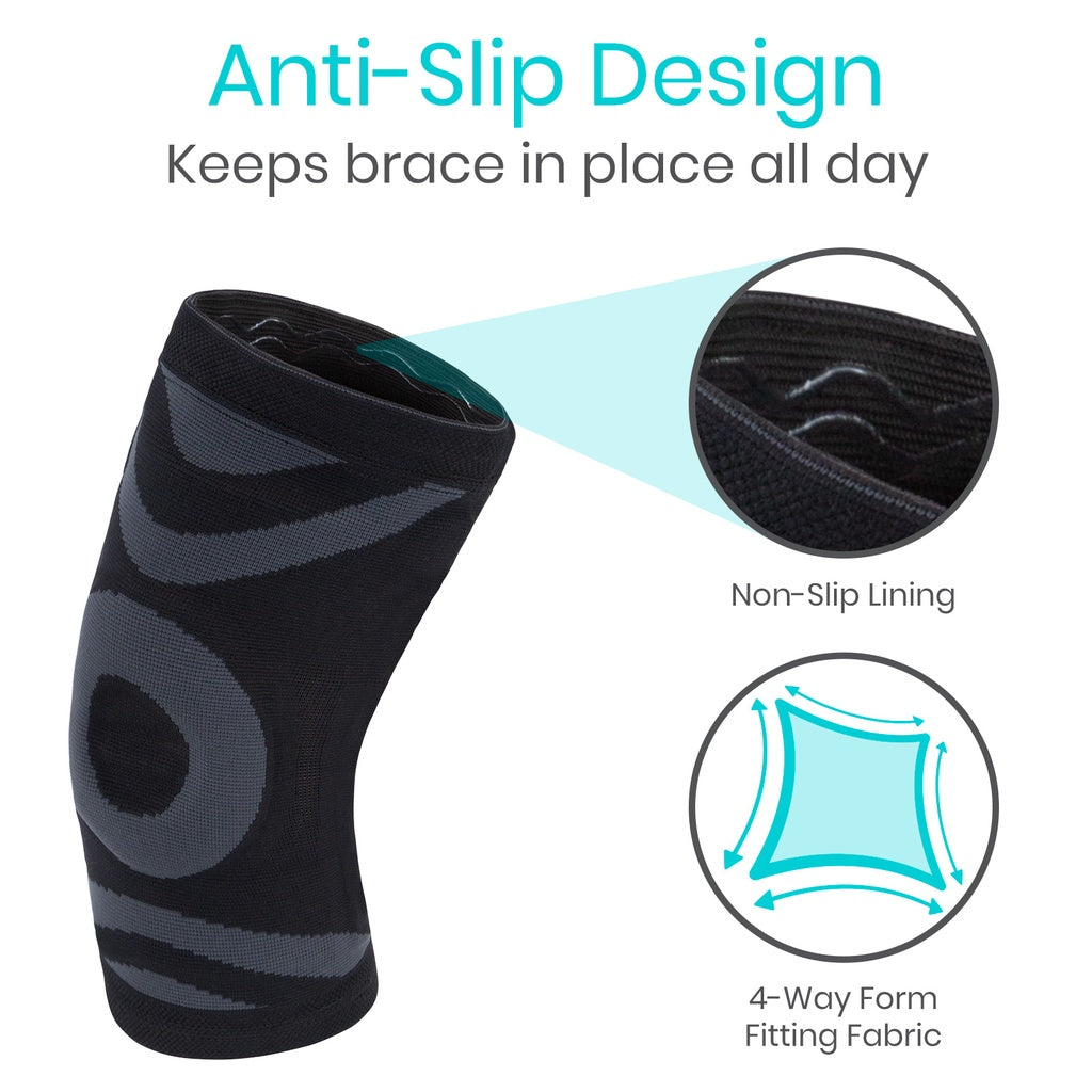 Black knee brace with anti-slip design features on a white background