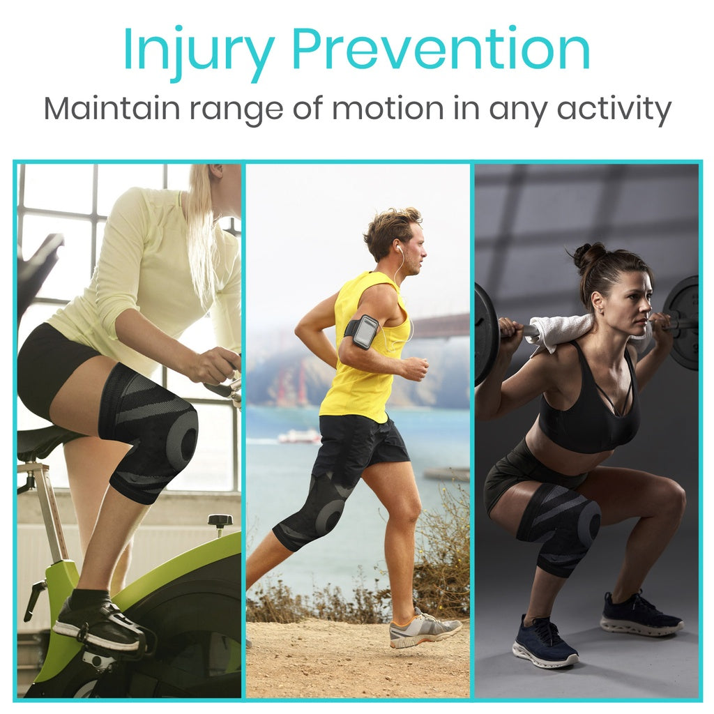 Three people using knee sleeves for injury prevention with text 'Injury Prevention: Maintain range of motion in any activity'.