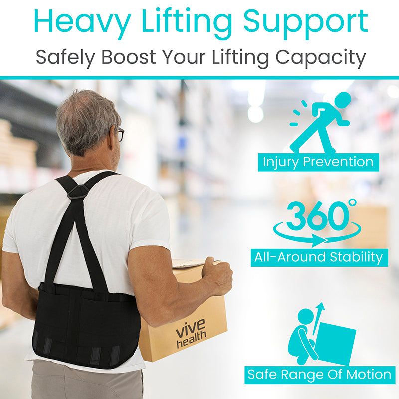 Person using a black back support brace to lift a box, with text highlighting benefits on a blurred indoor background.