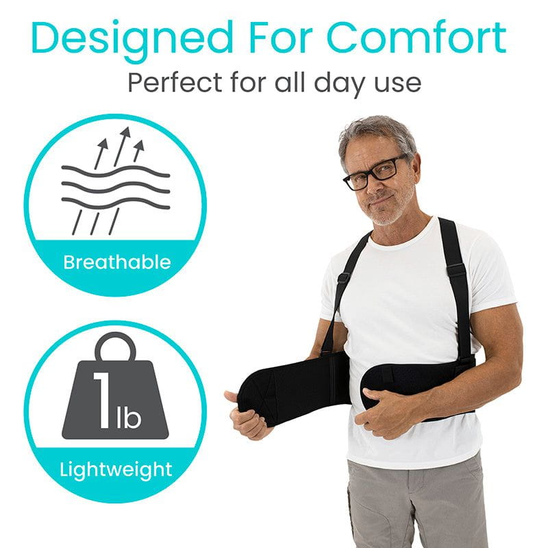 Man wearing a black arm brace with text and icons indicating comfort features on a white background