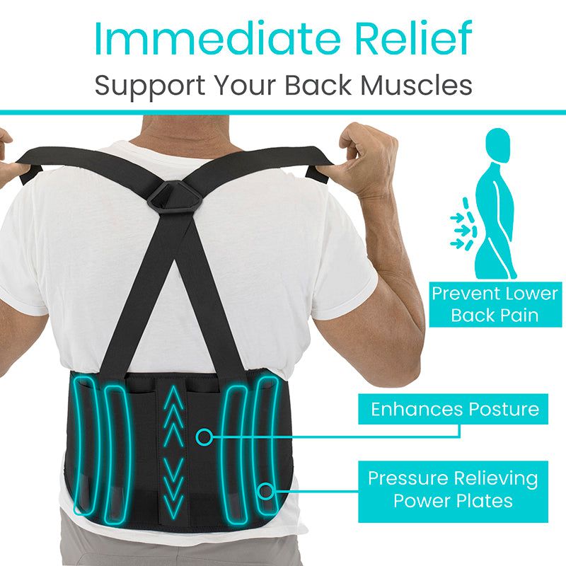Back brace with text highlighting features and benefits on a white background