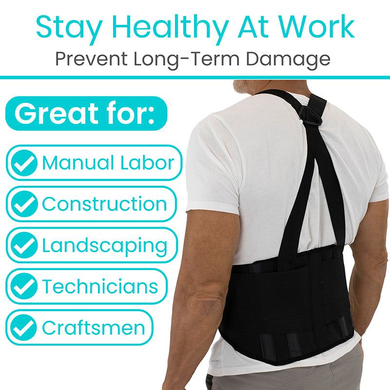 Back brace worn by a person with text highlighting its benefits for manual labor, construction, landscaping, technicians, and craftsmen.