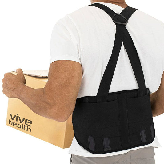 Person wearing a black Vive Health back brace holding a box.