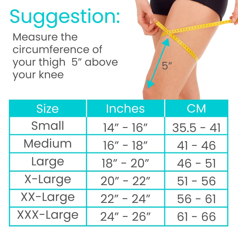 Measurement guide for leg size with a table of measurements and a person measuring their thigh.