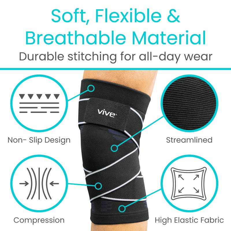 Black knee brace with Vive branding, highlighting features like soft material, durable stitching, non-slip design, compression, and high elastic fabric.
