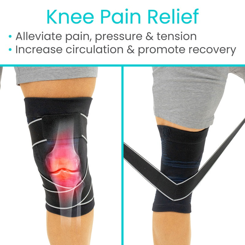 Knee brace with knee joint animation on a white background, highlighting knee pain relief benefits.