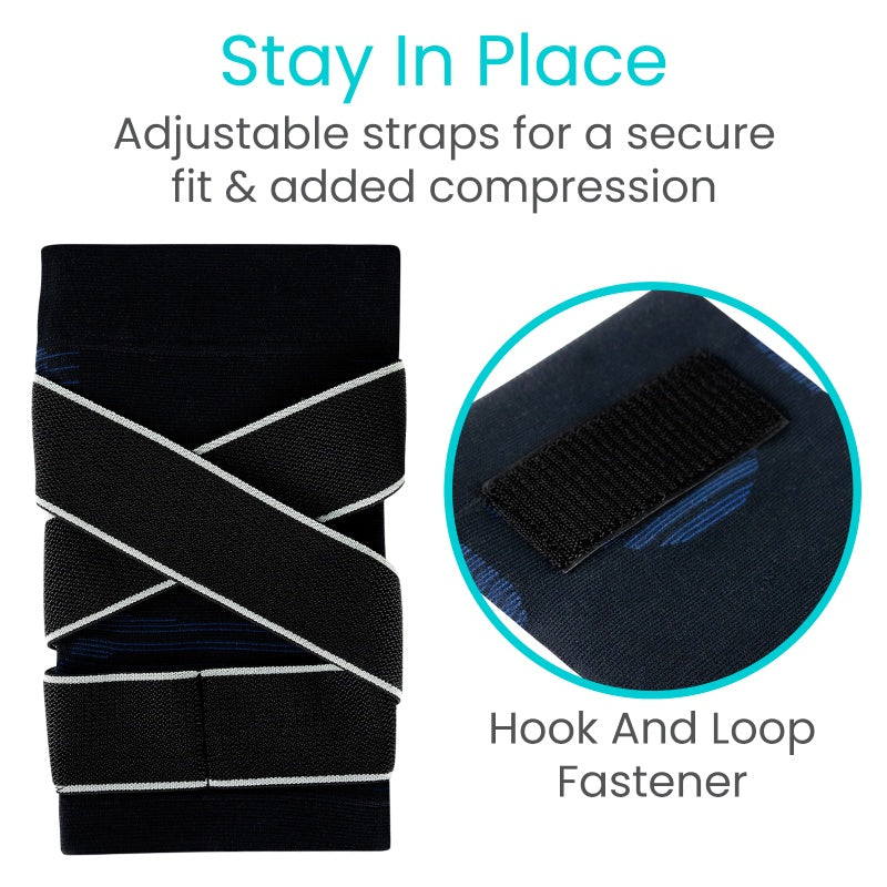 Black adjustable strap with hook and loop fastener on a white background