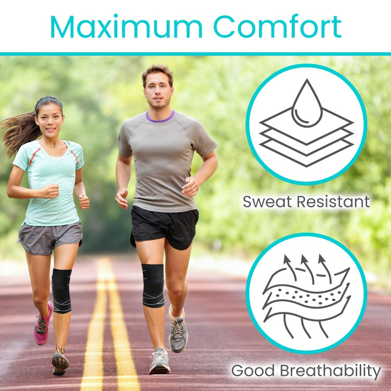Two runners on a track with icons indicating sweat resistance and breathability, labeled 'Maximum Comfort'.