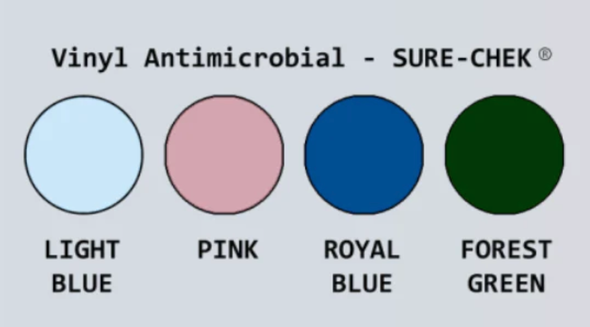 Color swatches for Vinyl AntimicrobialSURE-CHEK with labels for light blue, pink, royal blue, and forest green.