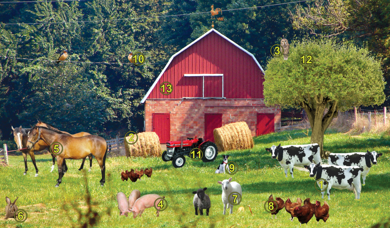 Farm scene with animals and a red barn in the background