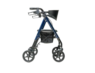Blue and black rollator on a white background