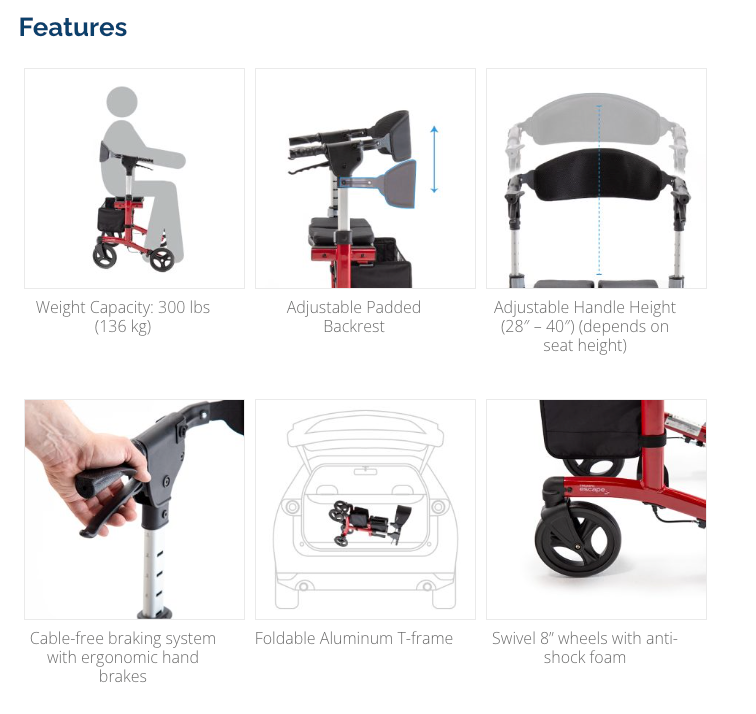 Features of a mobility scooter displayed on a white background