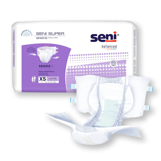 Pack of Seni Super briefs with packaging on a white background