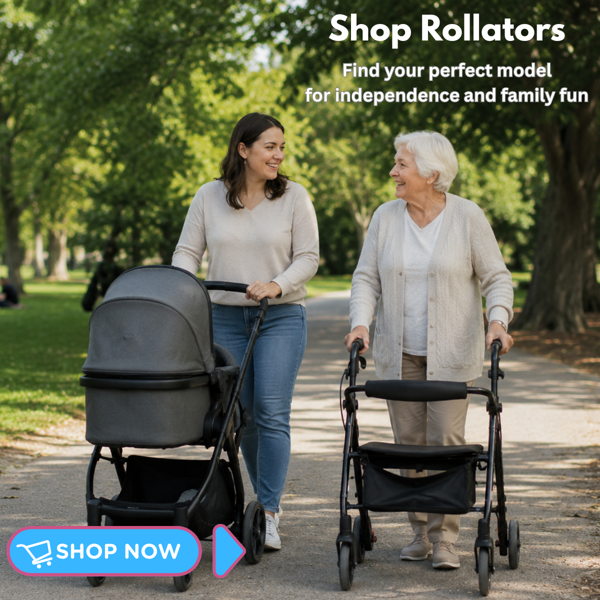 Woman pushing a stroller and an elderly woman using a rollator in a park.