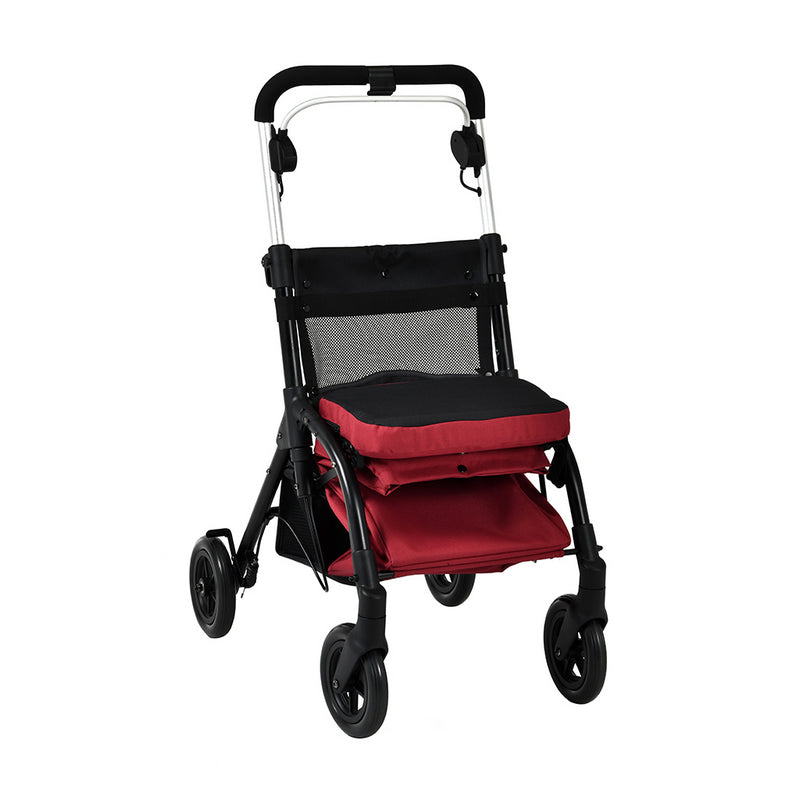 Black and red stroller on a white background