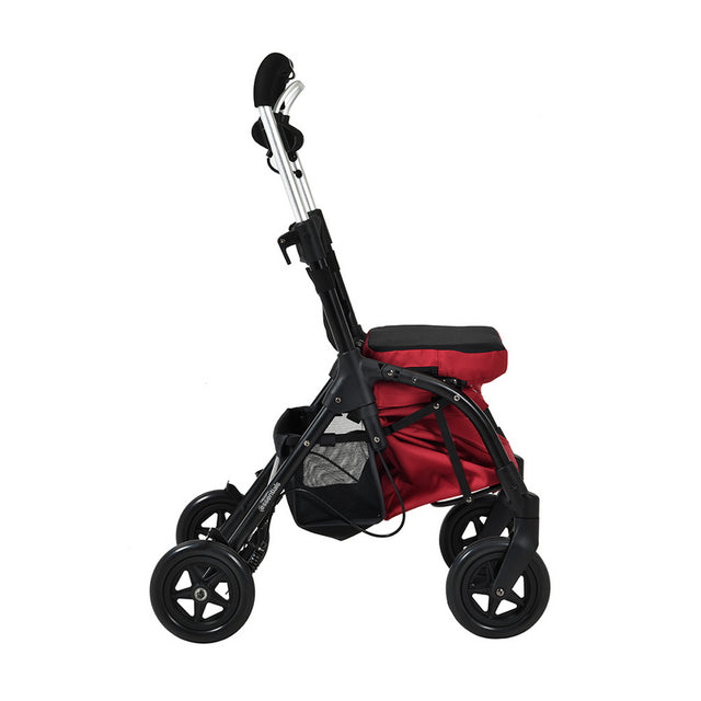 Red and black stroller on a white background