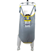 A baby support lift sling with a gray body, yellow trim, and a white harness frame, shown holding a baby wearing white footmuffs against a white background.