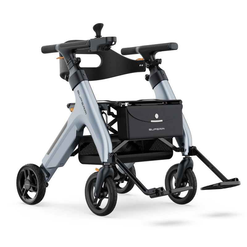 A silver and black Super6 folding rollator wheelchair with a front storage basket, shown from a three-quarters angle on a white background.